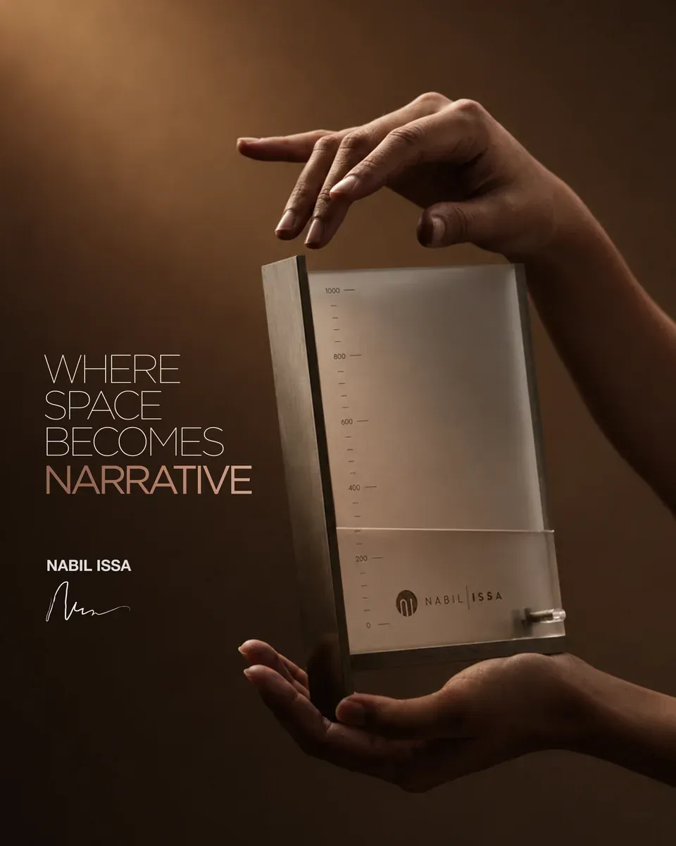 Nabil Issa composition with a photograph of hands and the words Where space becomes narrative