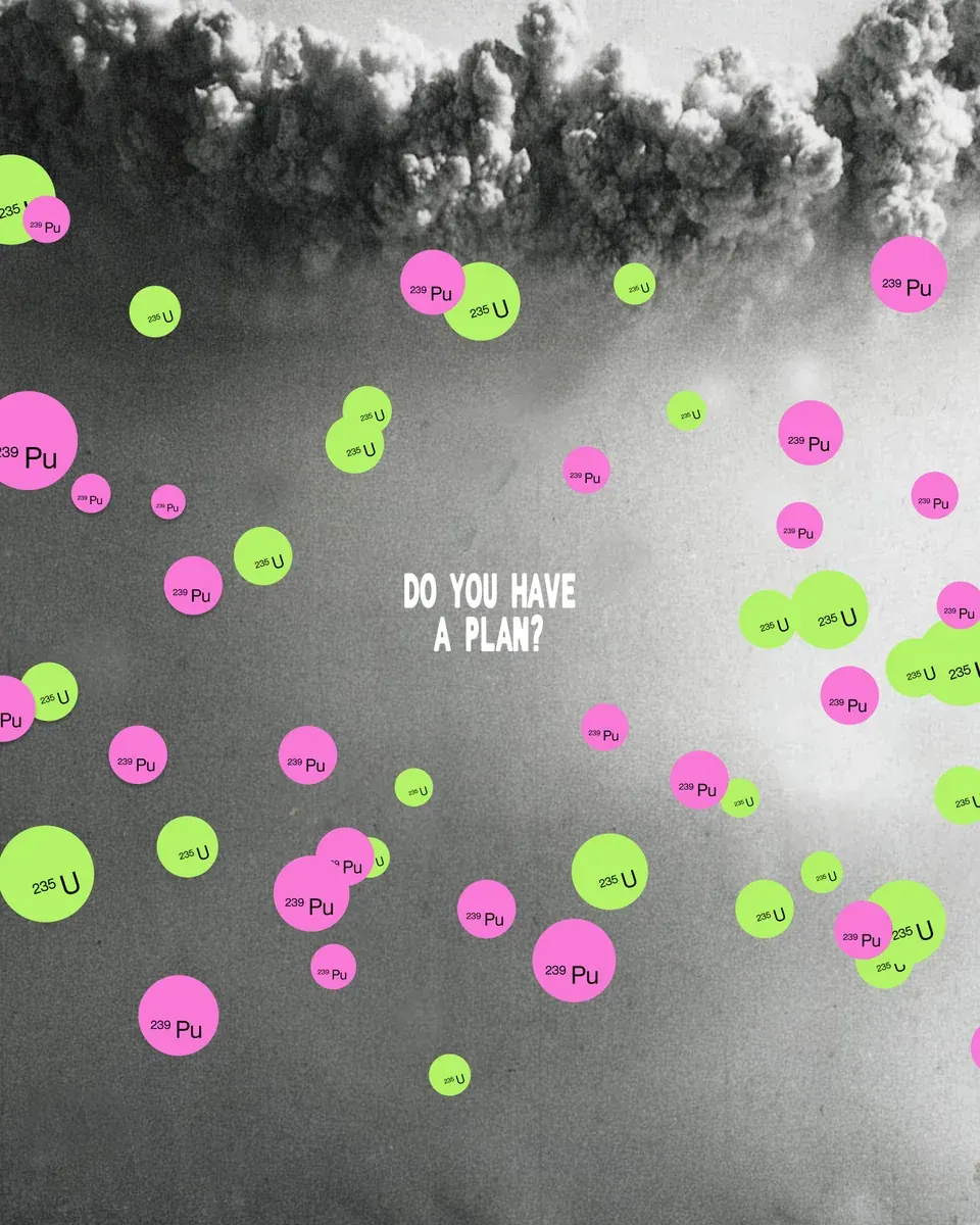 Black-and-white photograph in a Nuke layout with colorful graphic stickers